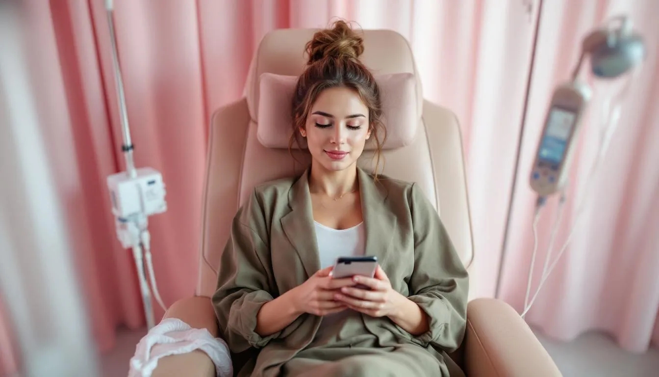 Woman enjoying IV therapy at a med spa in Hayden, Idaho, relaxing in a recliner with pink curtains, robe, and smartphone. at North Idaho Med Spa in Hayden